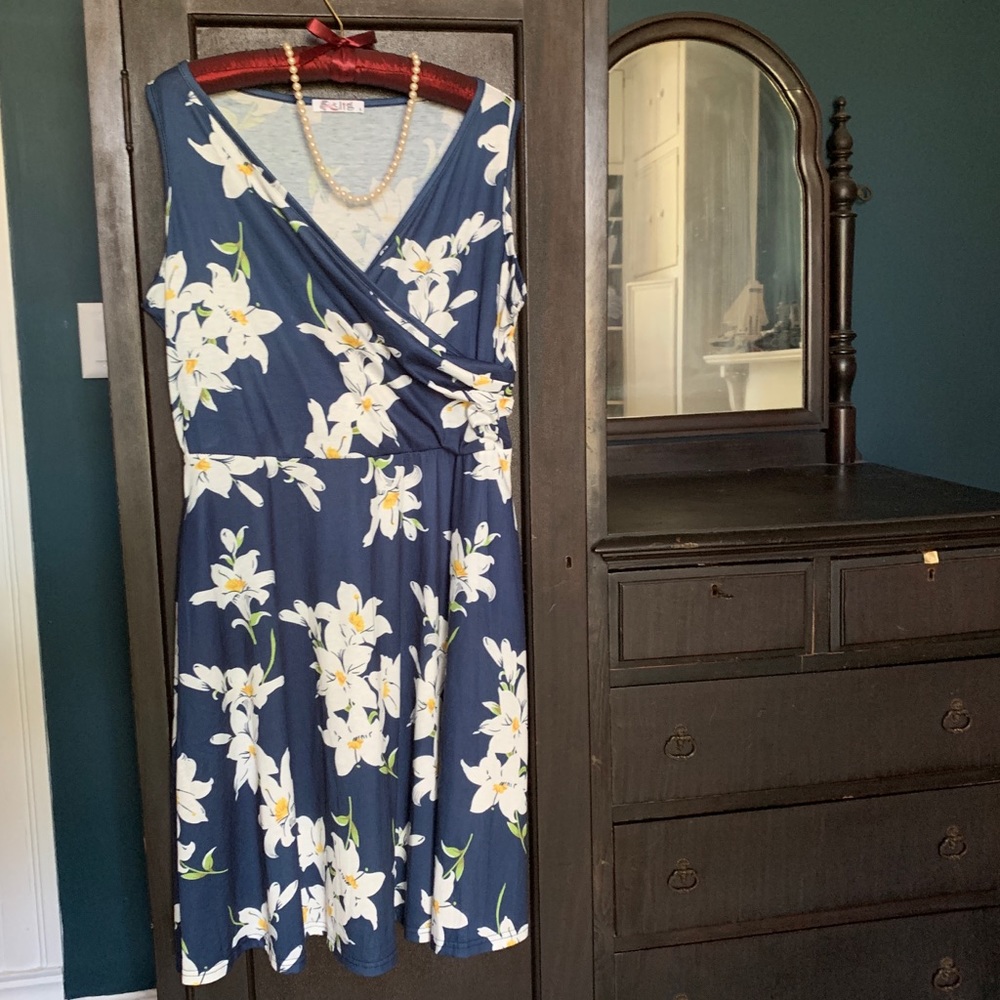 Blue Wrap Dress with White and Yellow Flowers